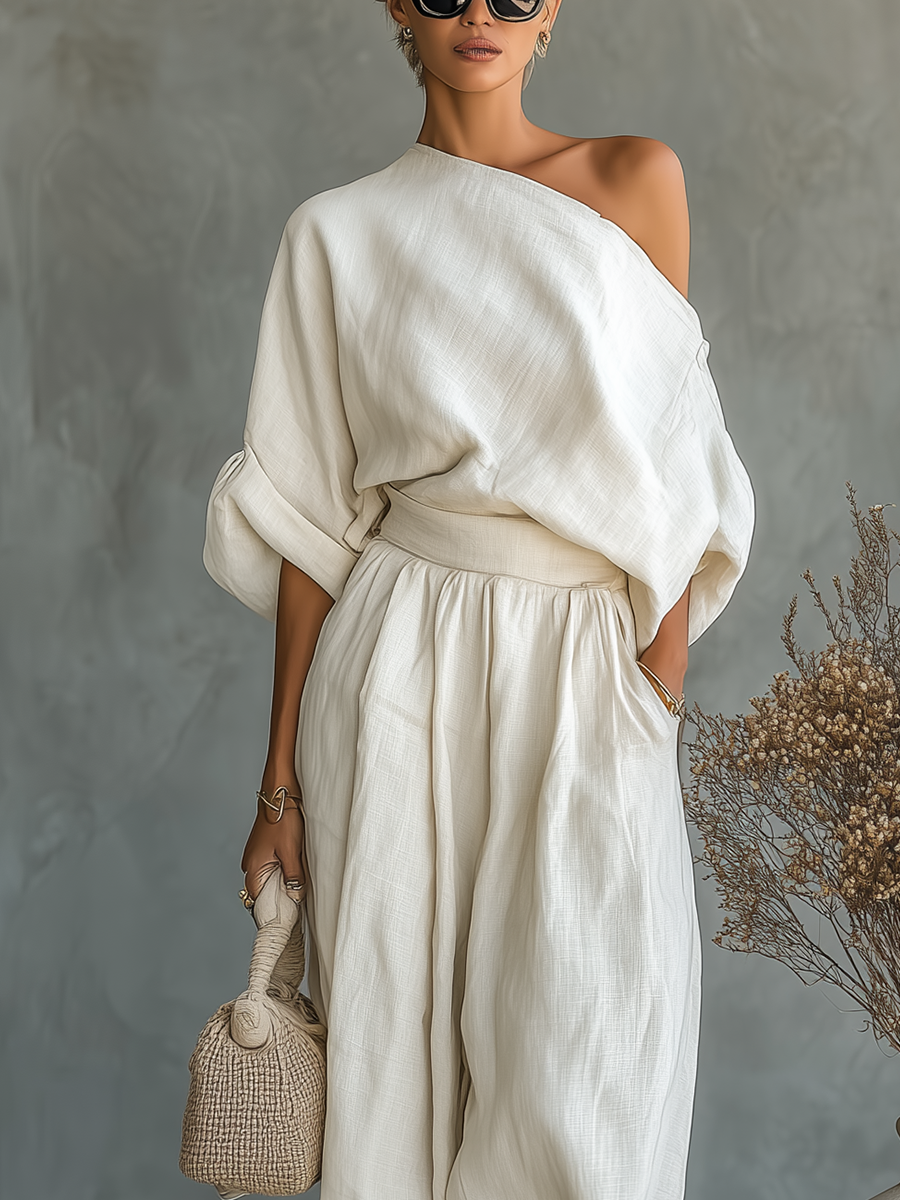 Women's Off-white Linen Off-shoulder Loose Casual Top And Tapered Pants Set