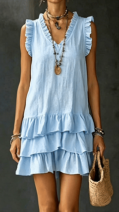 Women's Casual V-Neck Ruffle-Trim Tiered Dress — Sleeveless Tank Dress