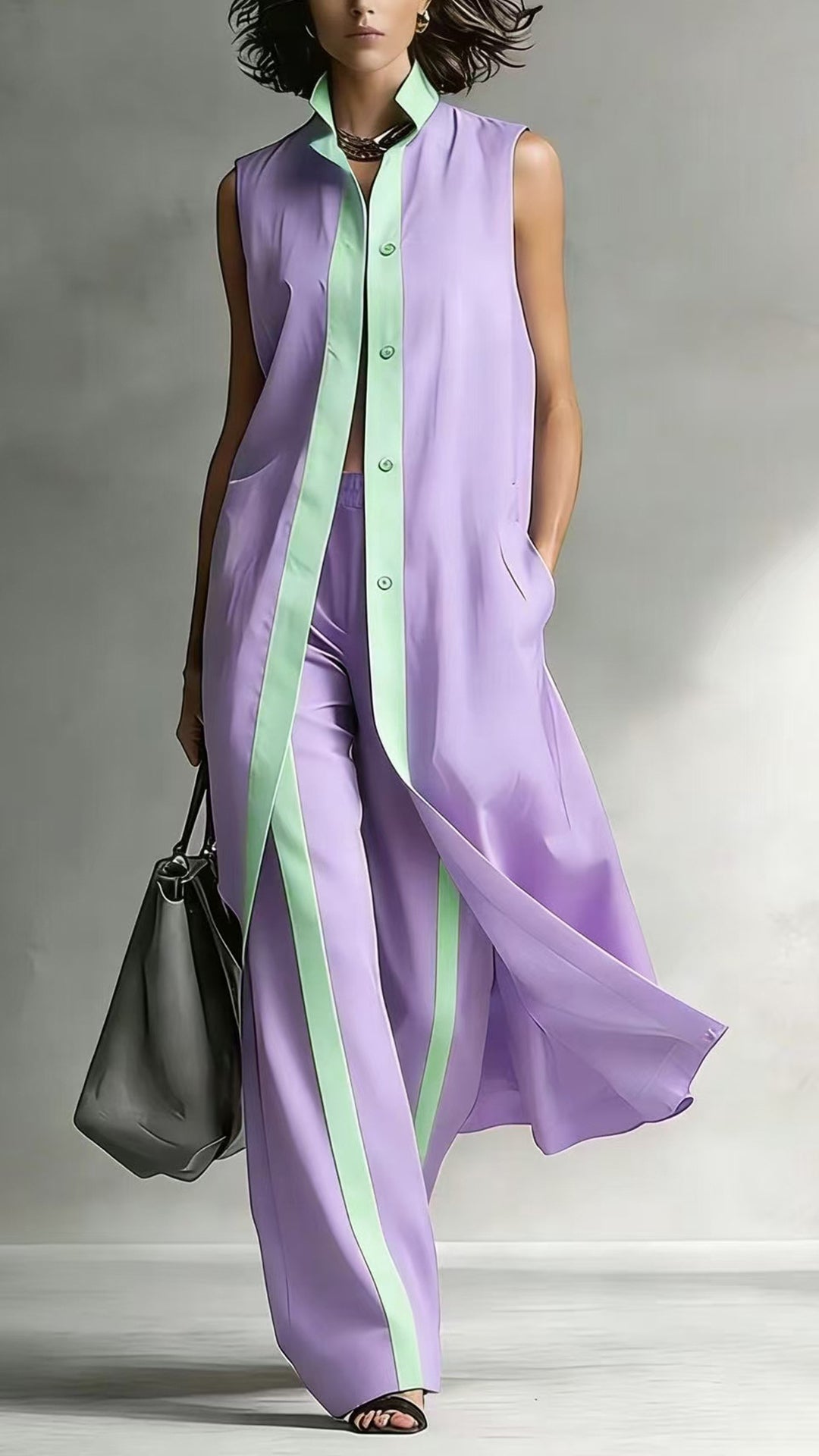 Women's Color-Blocked Sleeveless Long Shirt & Wide-Leg Pants Set