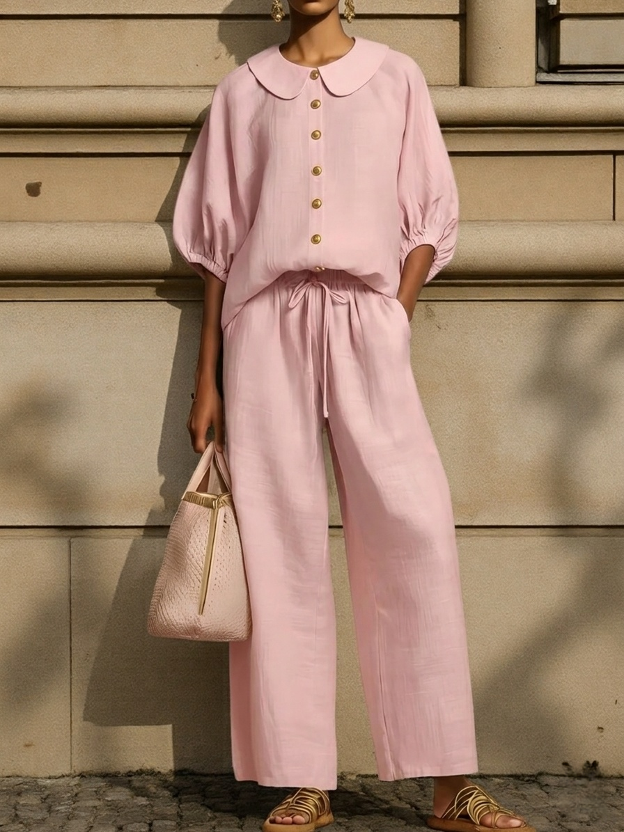 Plus Size Friendly New Arrivals🔥Stylish Peter Pan Collar Shirt And Wide-leg Pant Linen Two-piece Set