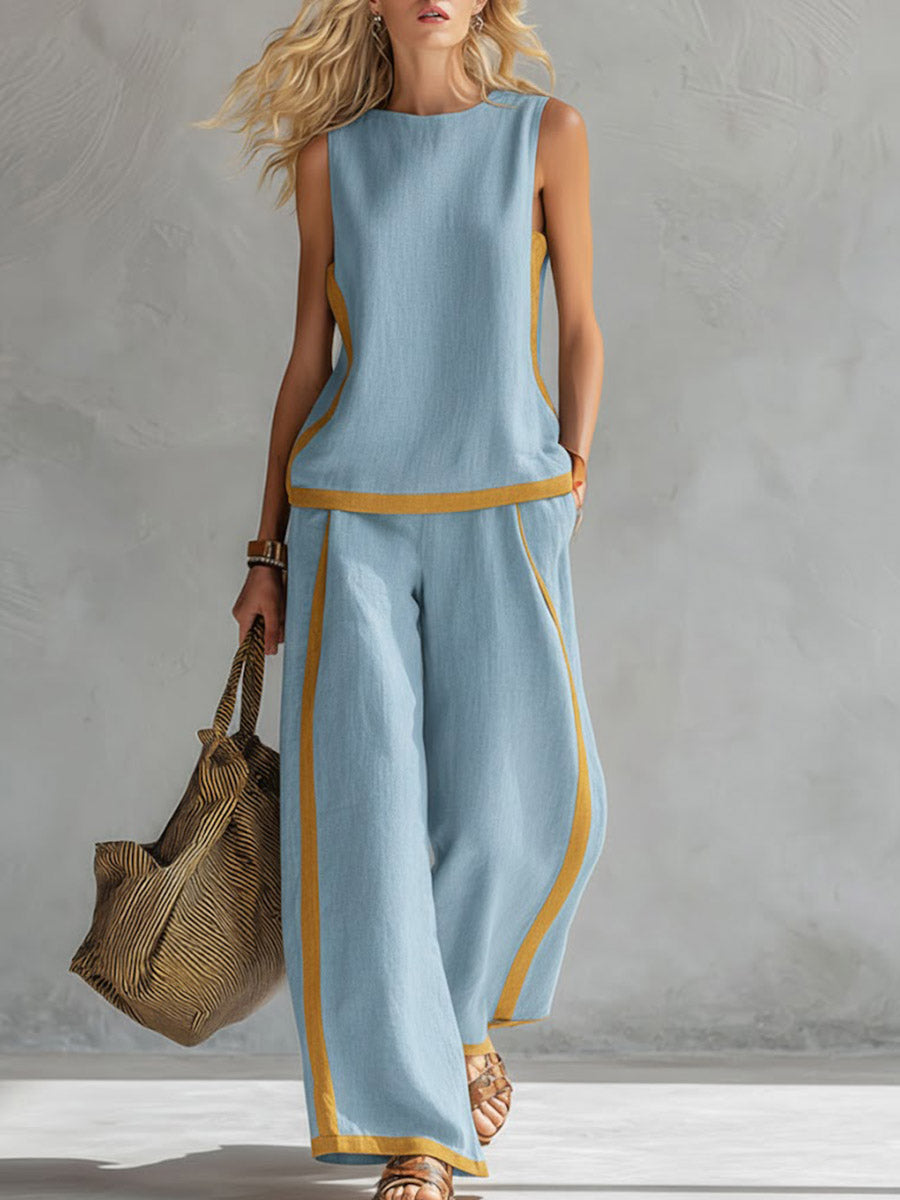 Plus Size Friendly Plus Size Friendly Women's Round Neck Sleeveless Casual Loose Top And High-waisted Loose Wide-leg Pants Cotton And Linen Set.