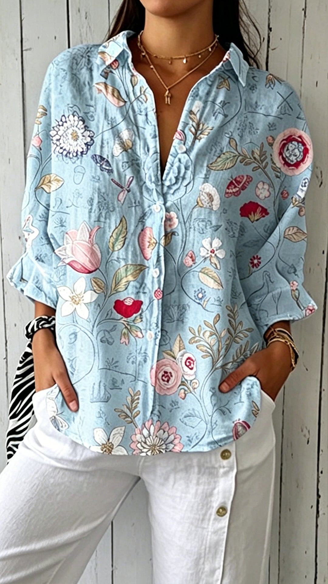 Women's Blue Floral Print Polyester Shirt