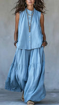 Women's Two-Piece Set: Stand-Collar, Sleeveless Top with Front Placket & Wide-Leg Pants