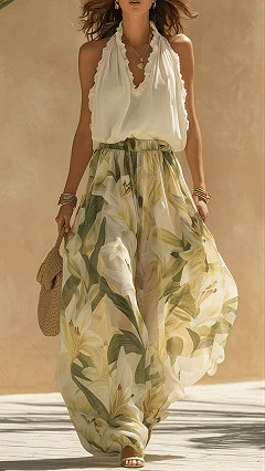 Women's Cotton-Blend Halter Ruffled Floral Wide-Leg Pants Set