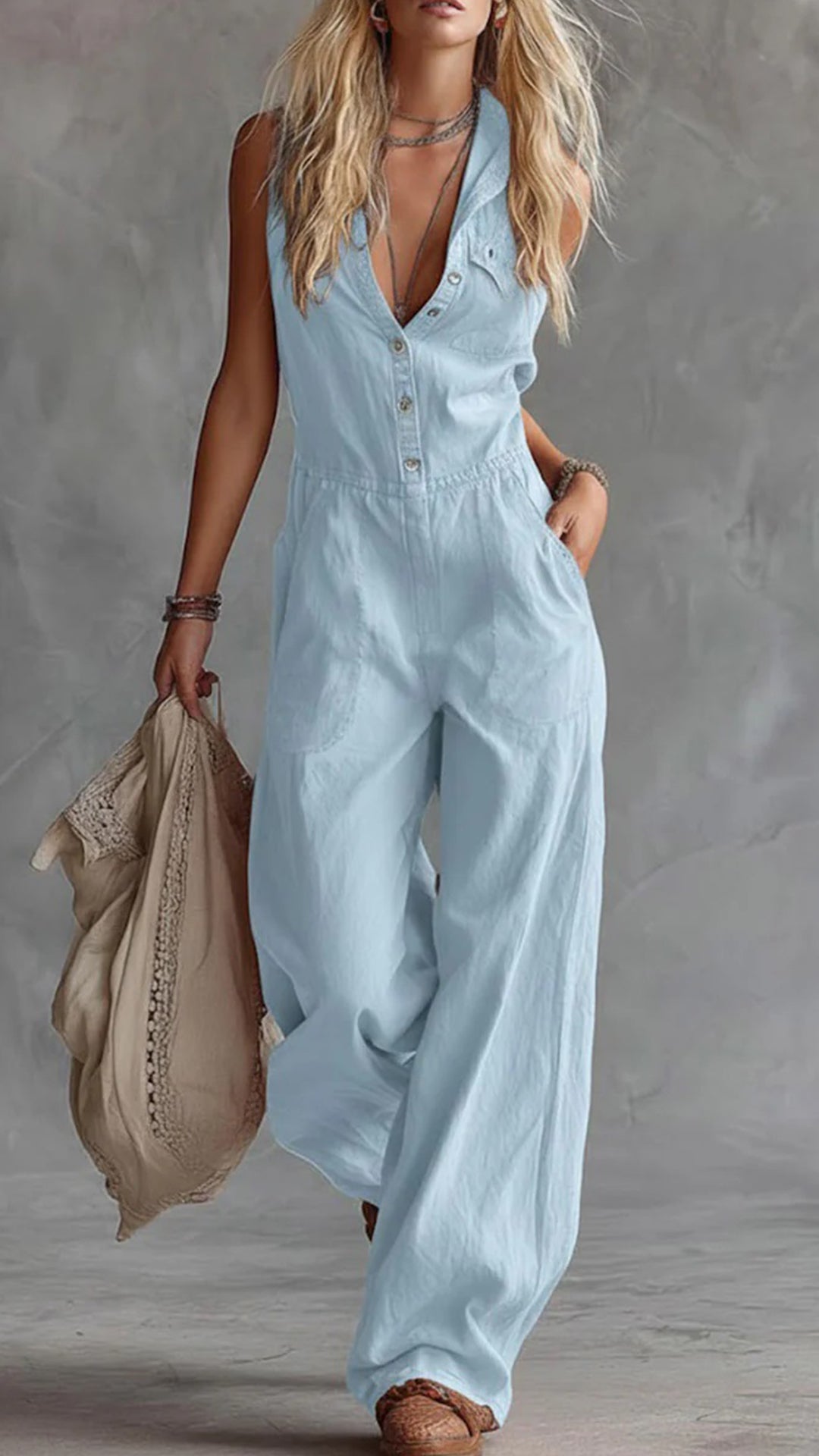 Women's Solid Color Shirt Collar Sleeveless Casual Loose Cotton And Linen Wide-leg Jumpsuit