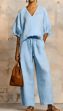 Women's Minimalist Solid-Color Loose-Fit V-Neck Casual Two-Piece Set