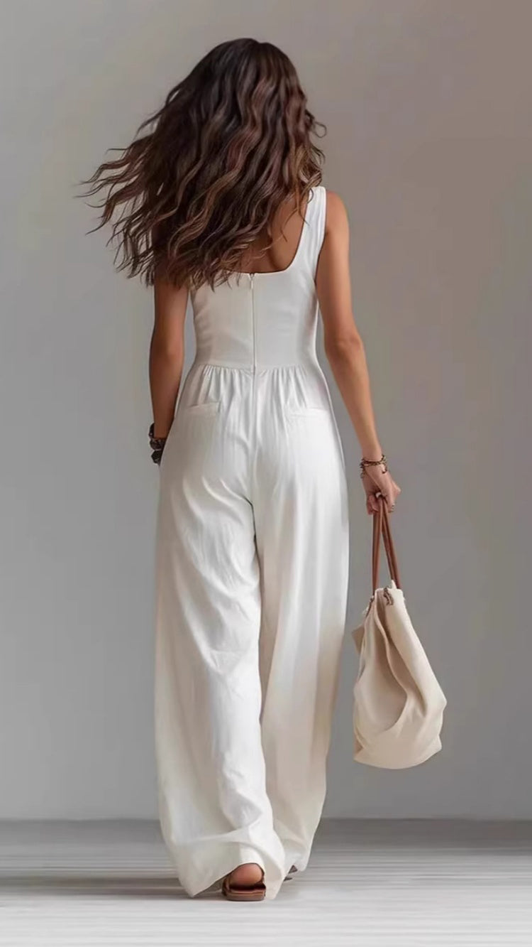 Women's Solid-Color Loose-Fit Casual Jumpsuit with Buttons and Side Pockets