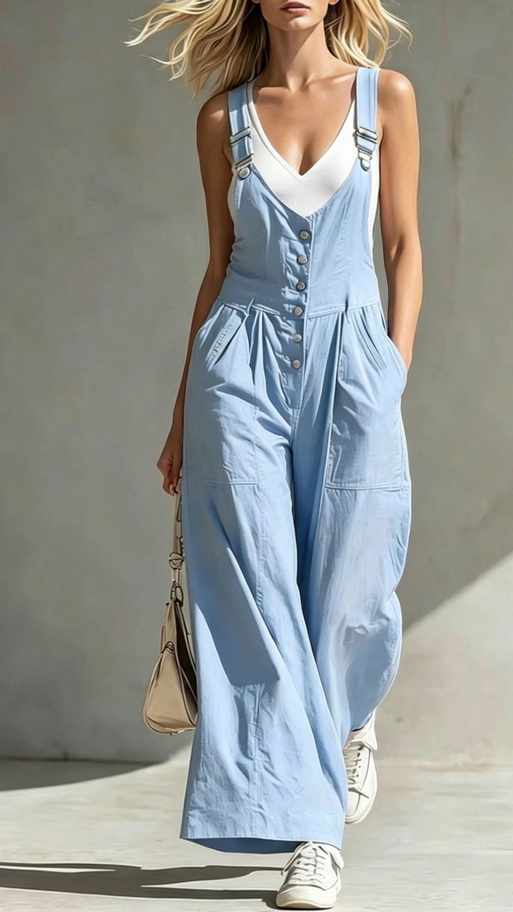 Women's V-Neck Jumpsuit with Pockets, Zipper, Buttons, Open Back, and Waist-Cinching Straps