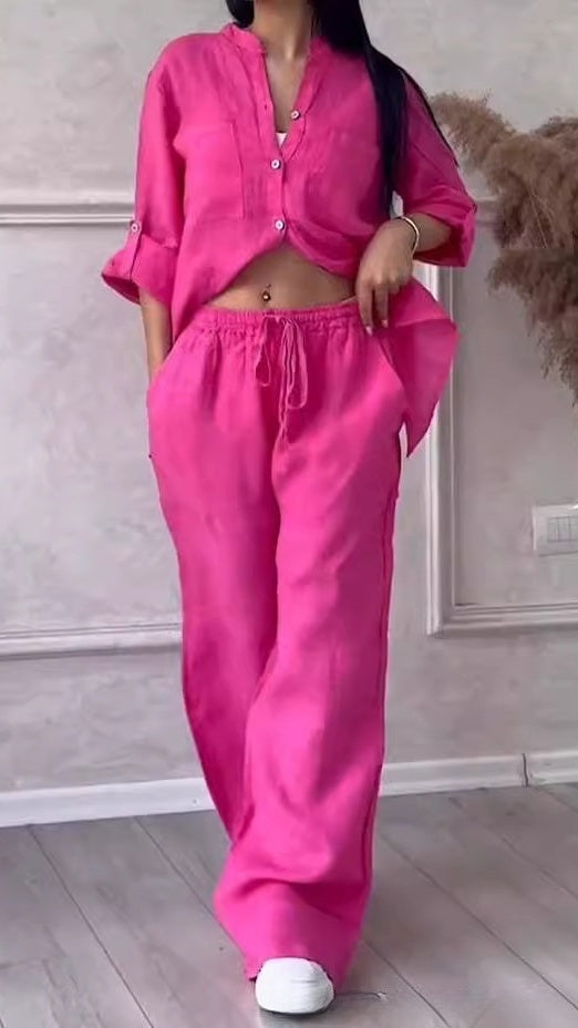 Women's Casual Cotton-Linen Solid-Color Shirt & Drawstring Wide-Leg Pants Two-Piece Set