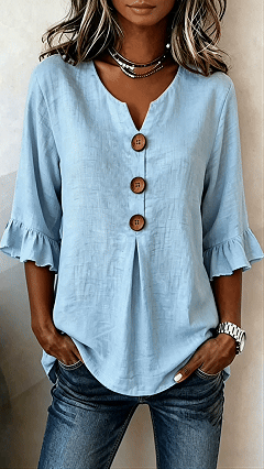 Women's V-Neck Cotton-Linen Button-Up Top