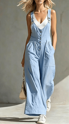 Women's V-Neck Jumpsuit with Pockets, Zipper, Buttons, Open Back, and Waist-Cinching Straps
