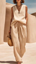 Women's V-Neck Sleeveless Linen-Blend Set