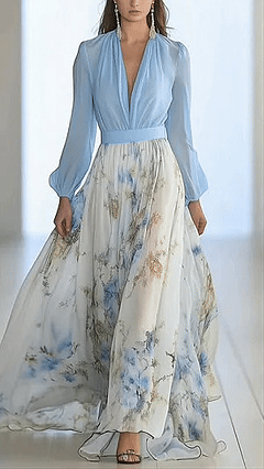 Women's Floral Print Cotton-Blend Deep V-Neck Maxi Dress