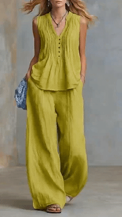 Plus Size Friendly Casual Linen And Cotton Pleated Sleeveless Top And Pants Two-piece Set