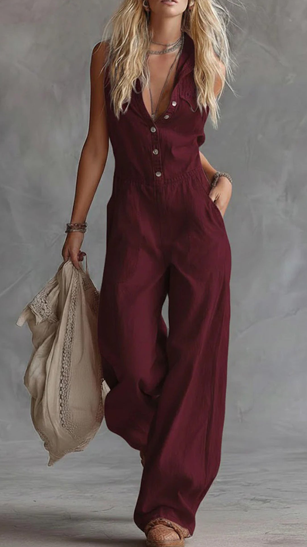 Women's Solid Color Shirt Collar Sleeveless Casual Loose Cotton And Linen Wide-leg Jumpsuit