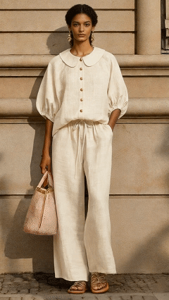 Plus Size Friendly New Arrivals🔥Stylish Peter Pan Collar Shirt And Wide-leg Pant Linen Two-piece Set