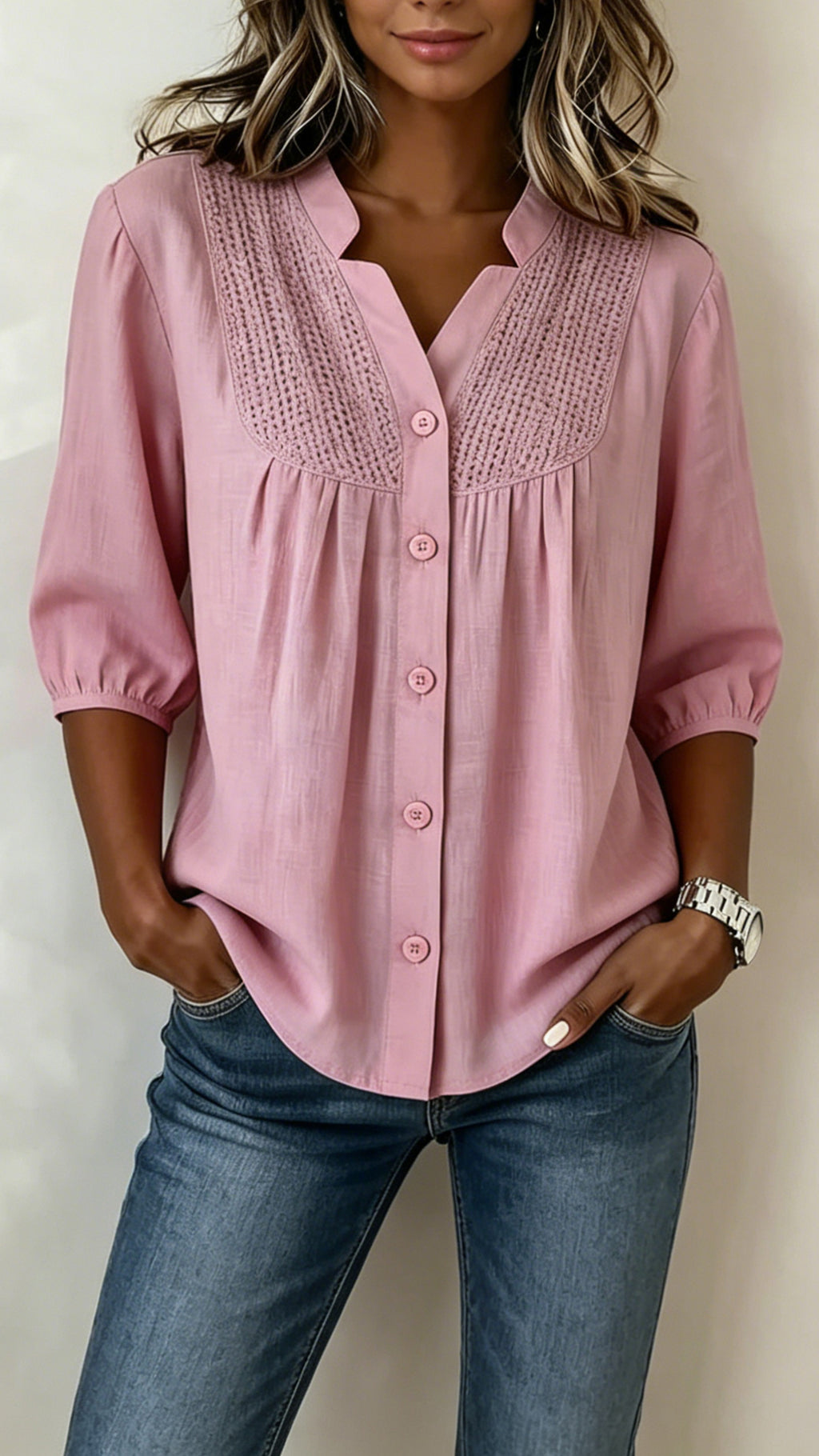 Women's  Crochet Detail Cotton-Blend Blouse