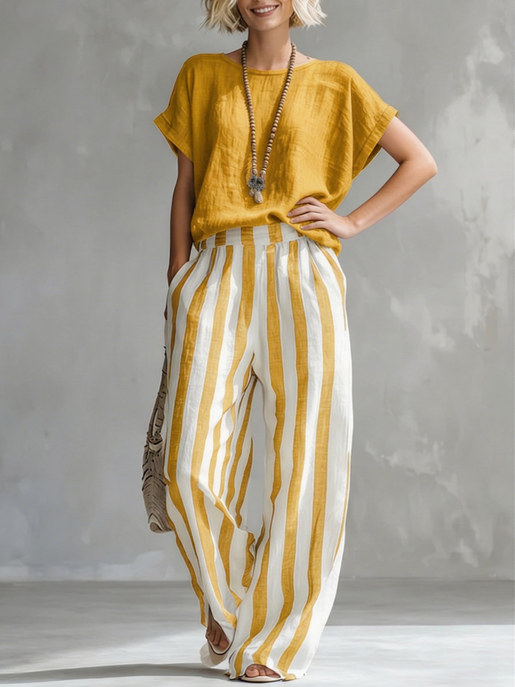🔥Hot sale🔥Cozy Loose-fit Striped Cotton-linen Two-piece Set
