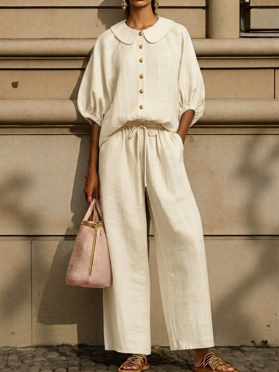 Plus Size Friendly New Arrivals🔥Stylish Peter Pan Collar Shirt And Wide-leg Pant Linen Two-piece Set