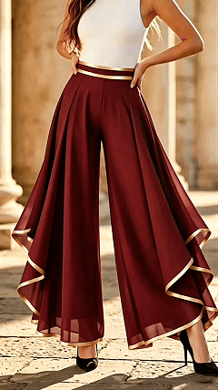 Women's Fashion Spliced & Piped Layered Chiffon High-Waisted Casual Wide-Leg Pants