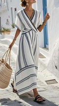 Women's  White & Blue Striped Cotton-Blend Maxi Dress