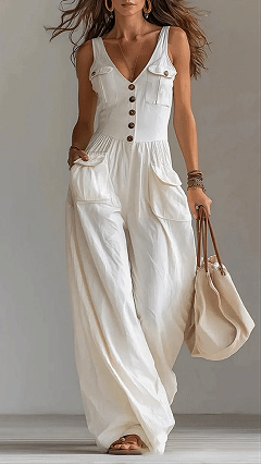 Women's Solid-Color Loose-Fit Casual Jumpsuit with Buttons and Side Pockets