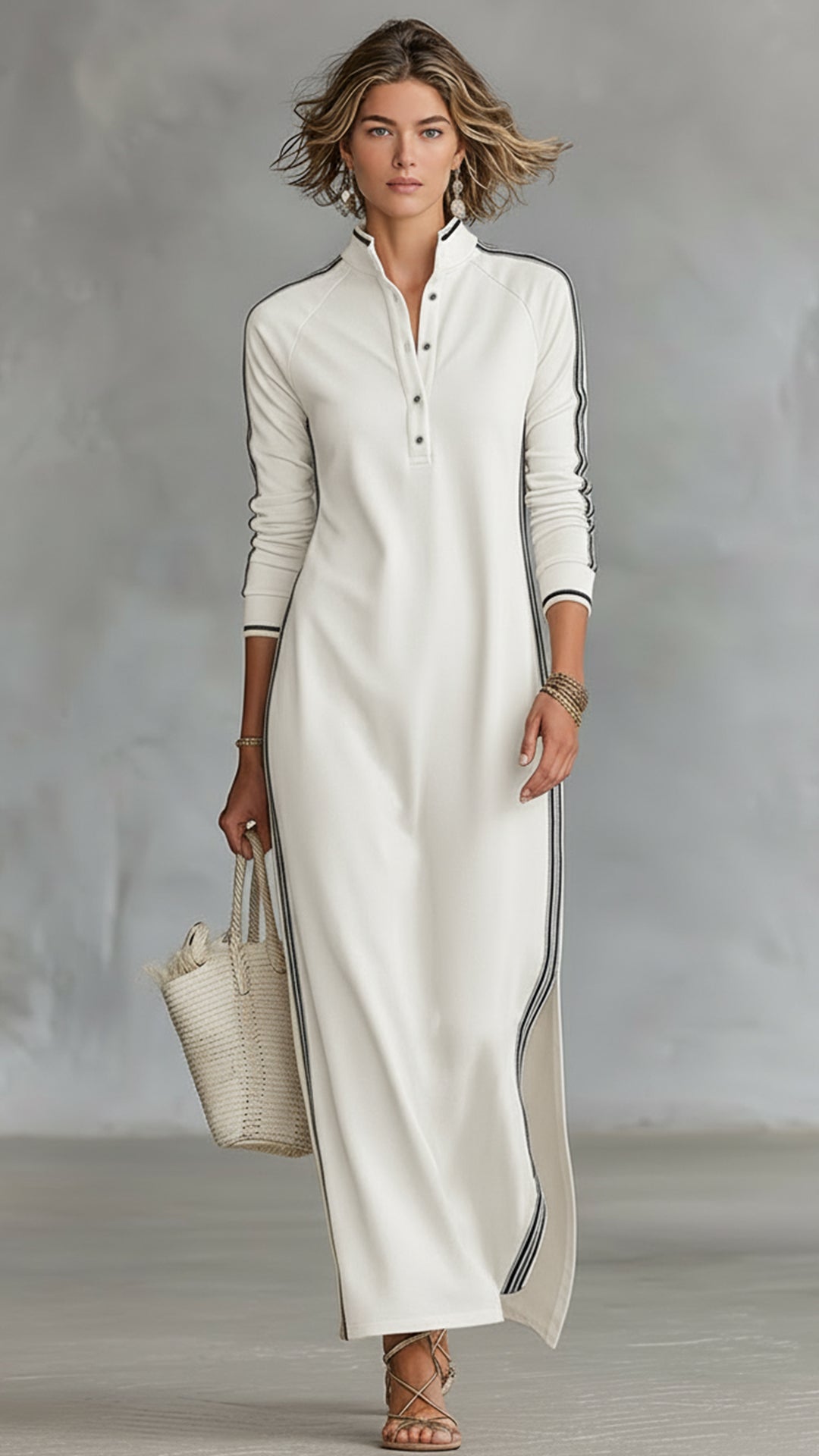 Women's Black and White Striped Sporty Stand-Collar Maxi Dress