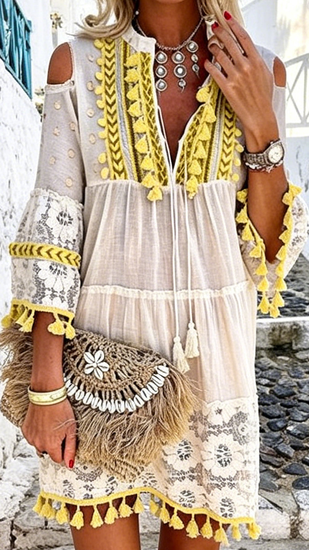 Women's Bohemian Tassel Cotton-Blend Dress