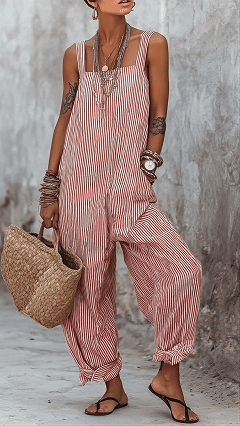 Women's Minimalist Striped Loose-Fit Square-Neck Sleeveless Jumpsuit