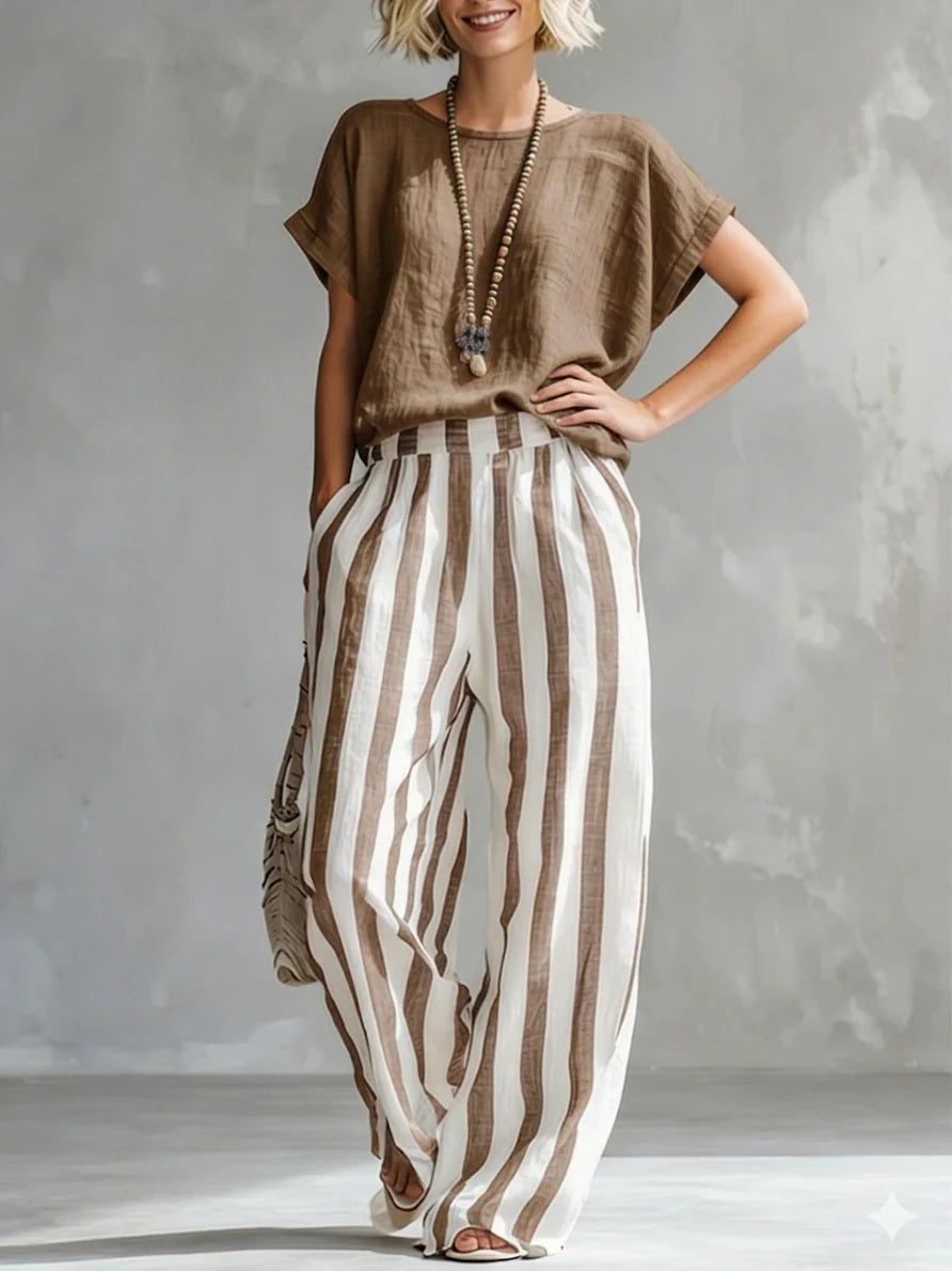 🔥Hot sale🔥Cozy Loose-fit Striped Cotton-linen Two-piece Set