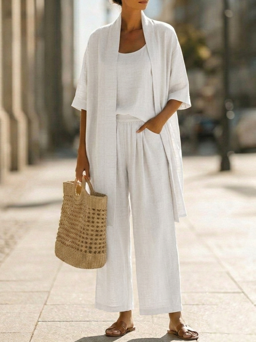Plus Size Friendly Minimalist Linen-cotton Three-piece Set - Comfortable For Everyday Wear