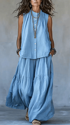 Women's Two-Piece Set: Stand-Collar, Sleeveless Top with Front Placket & Wide-Leg Pants