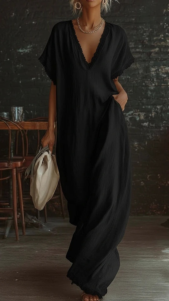 Women's Lace-Trimmed V-Neck Loose-Fit Dress