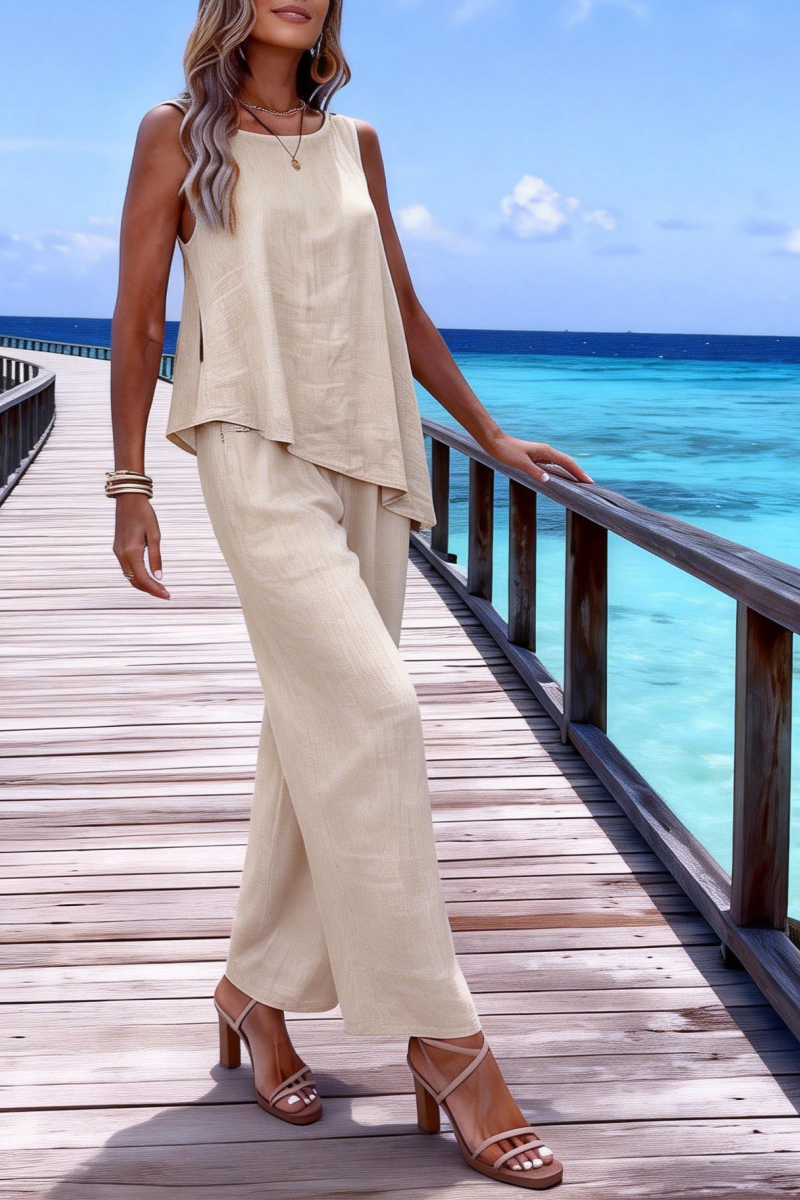 ⏰ LAST DAY SAVE 50%🔥Women's two-piece set including a sleeveless vest and wide-leg pants, featuring a round neck design, casual everyday style, suitable for summer wear, regular fit (pre-order item).
