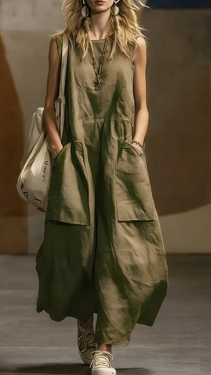 Women's Loose-Fit, Simple, Sleeveless Cotton-Linen Dress with Pockets