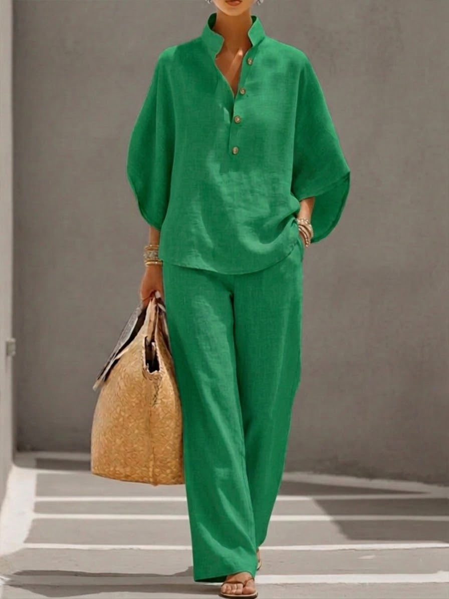Plus Size Friendly Women’s Batwing Sleeve Linen Cotton Two-Piece Set – Casual Shirt & Wide Leg Pants Outfit
