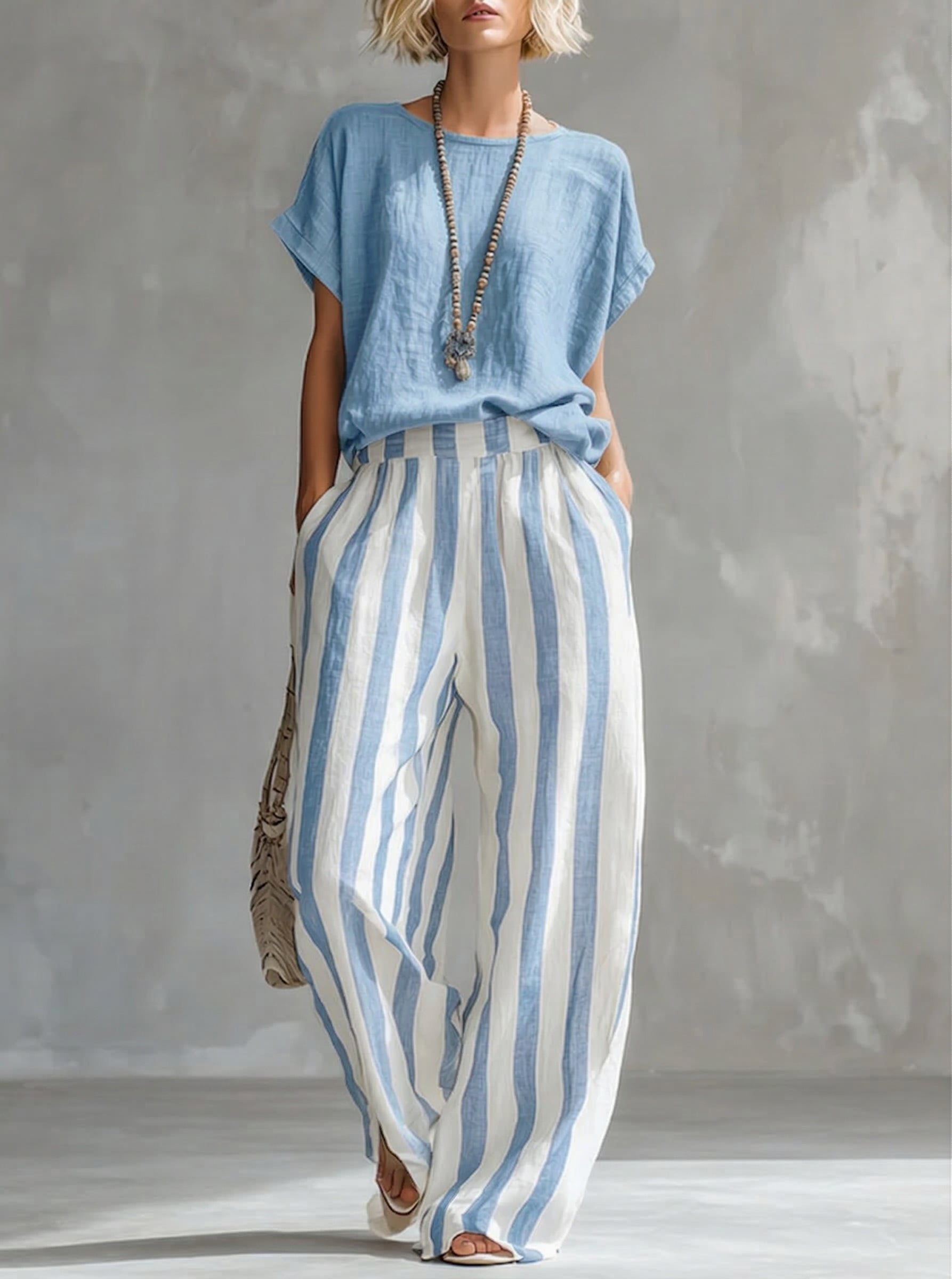 🔥Hot sale🔥Cozy Loose-fit Striped Cotton-linen Two-piece Set