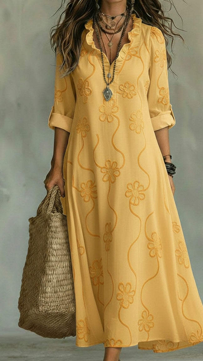 Women's Vintage Floral A-Line Dress with Ruffled Collar
