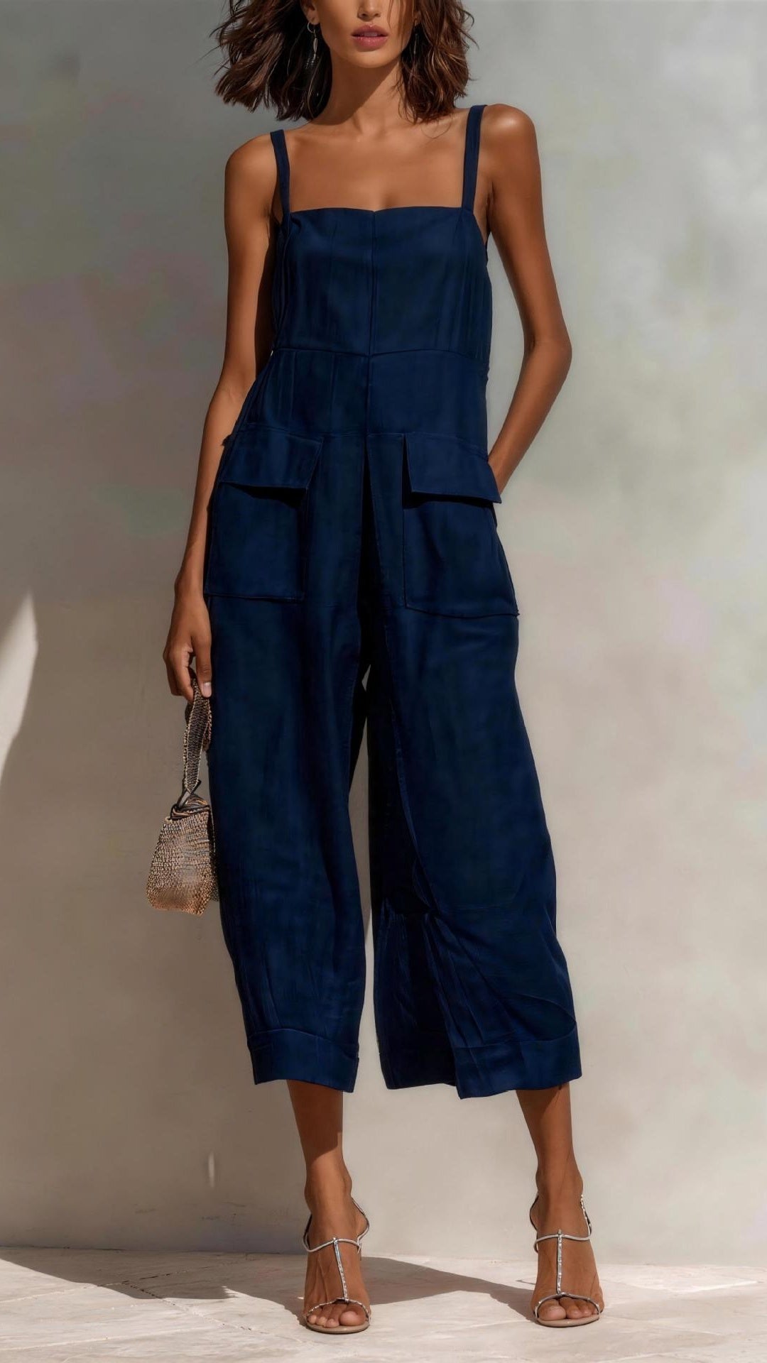 Women's Elegant Sleeveless Cropped Jumpsuit — Loose Fit, Wide-Leg, Thin Straps, Patch Pockets