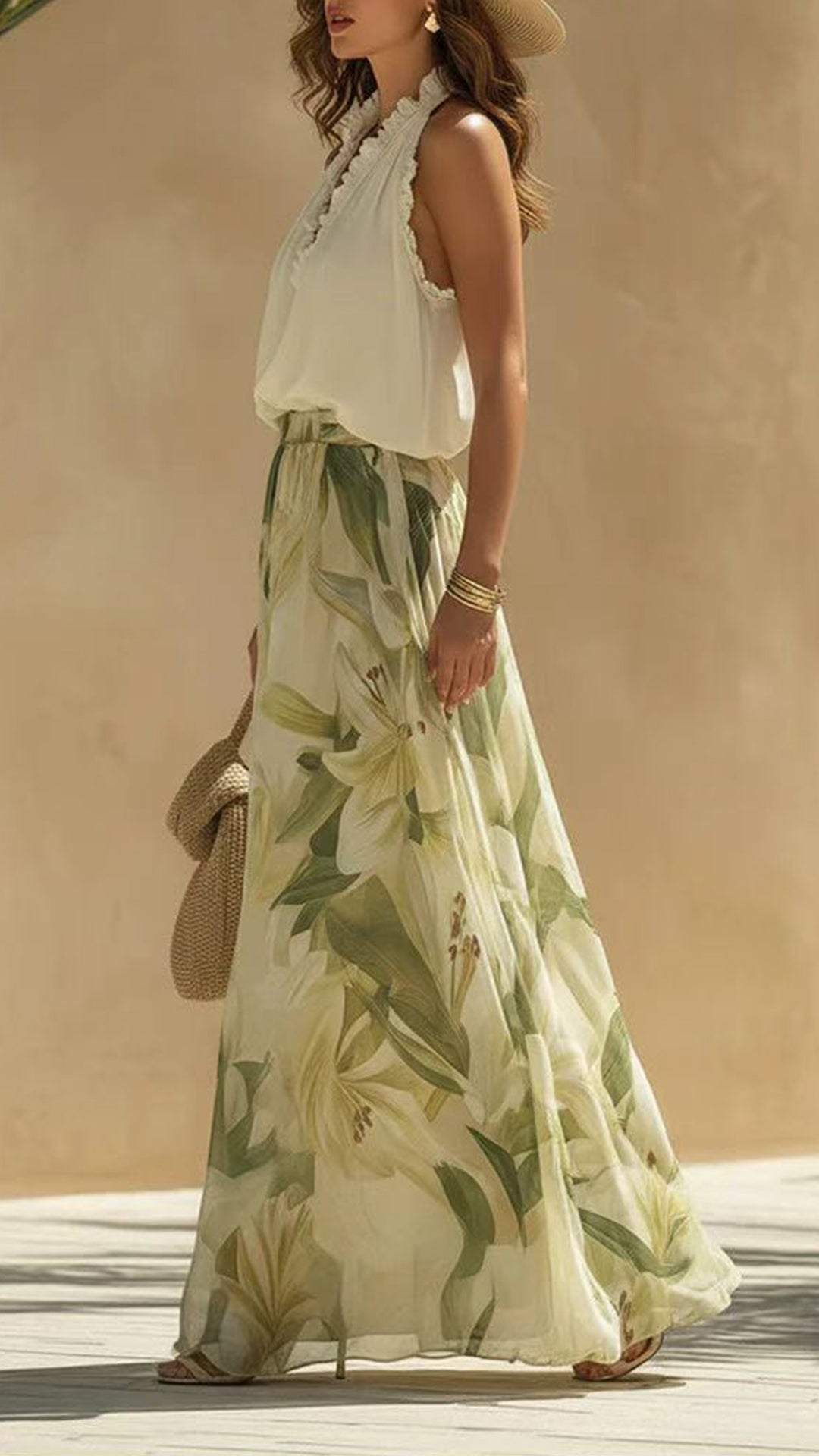 Women's Cotton-Blend Halter Ruffled Floral Wide-Leg Pants Set