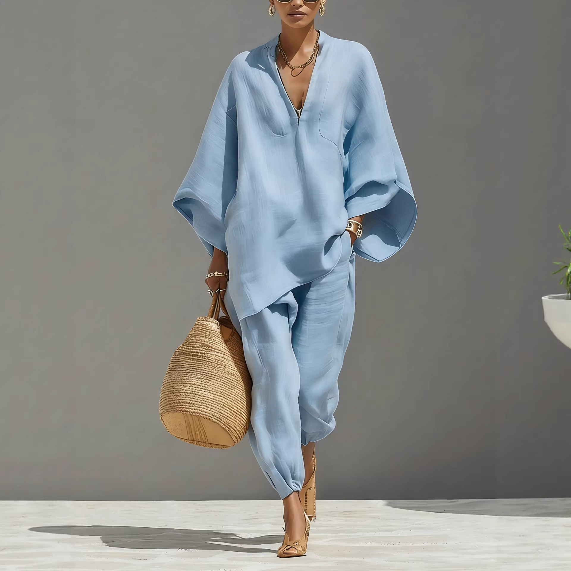 Women's Solid Color V-neck Long Sleeve Casual Loose Cotton Linen Top With Elastic Waist And Wide-leg Pants Set