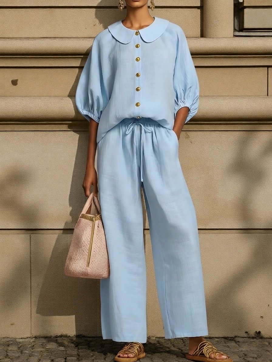 Plus Size Friendly New Arrivals🔥Stylish Peter Pan Collar Shirt And Wide-leg Pant Linen Two-piece Set