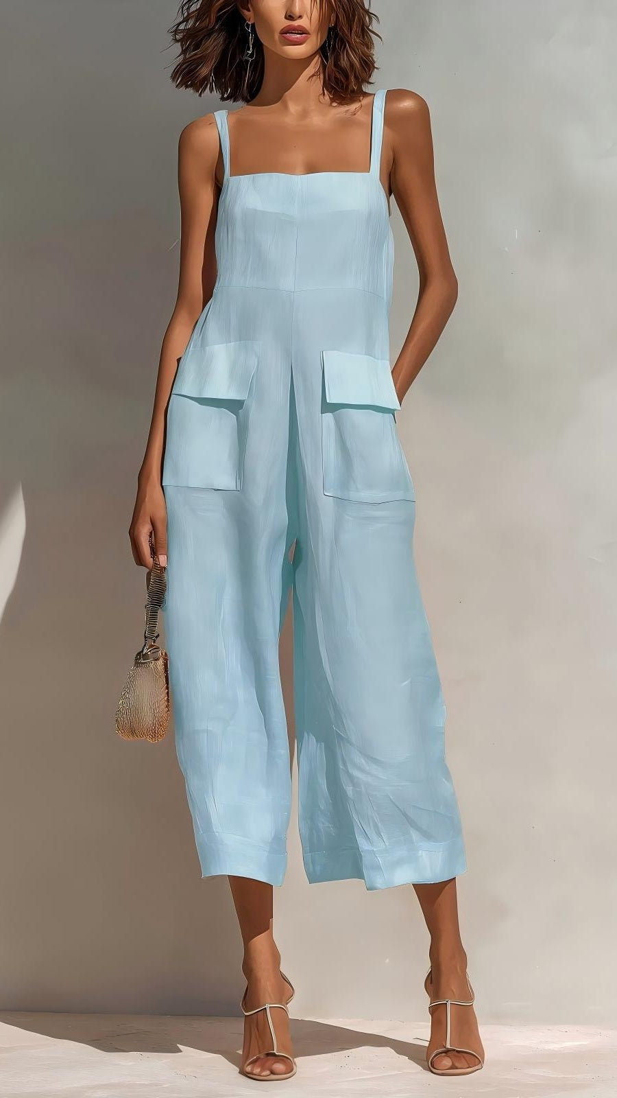 Women's Elegant Sleeveless Cropped Jumpsuit — Loose Fit, Wide-Leg, Thin Straps, Patch Pockets