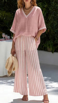 Solid-Color Top & Striped Wide-Leg Pants Set — Loose-Fit, Slimming, and Breathable