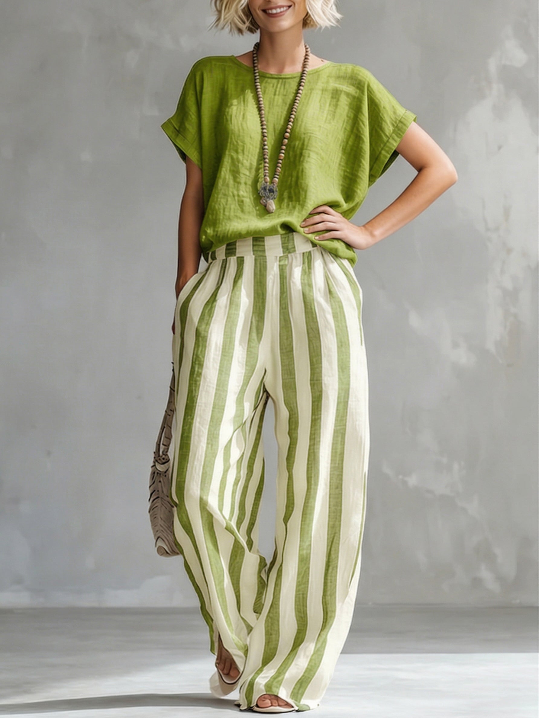 🔥Hot sale🔥Cozy Loose-fit Striped Cotton-linen Two-piece Set