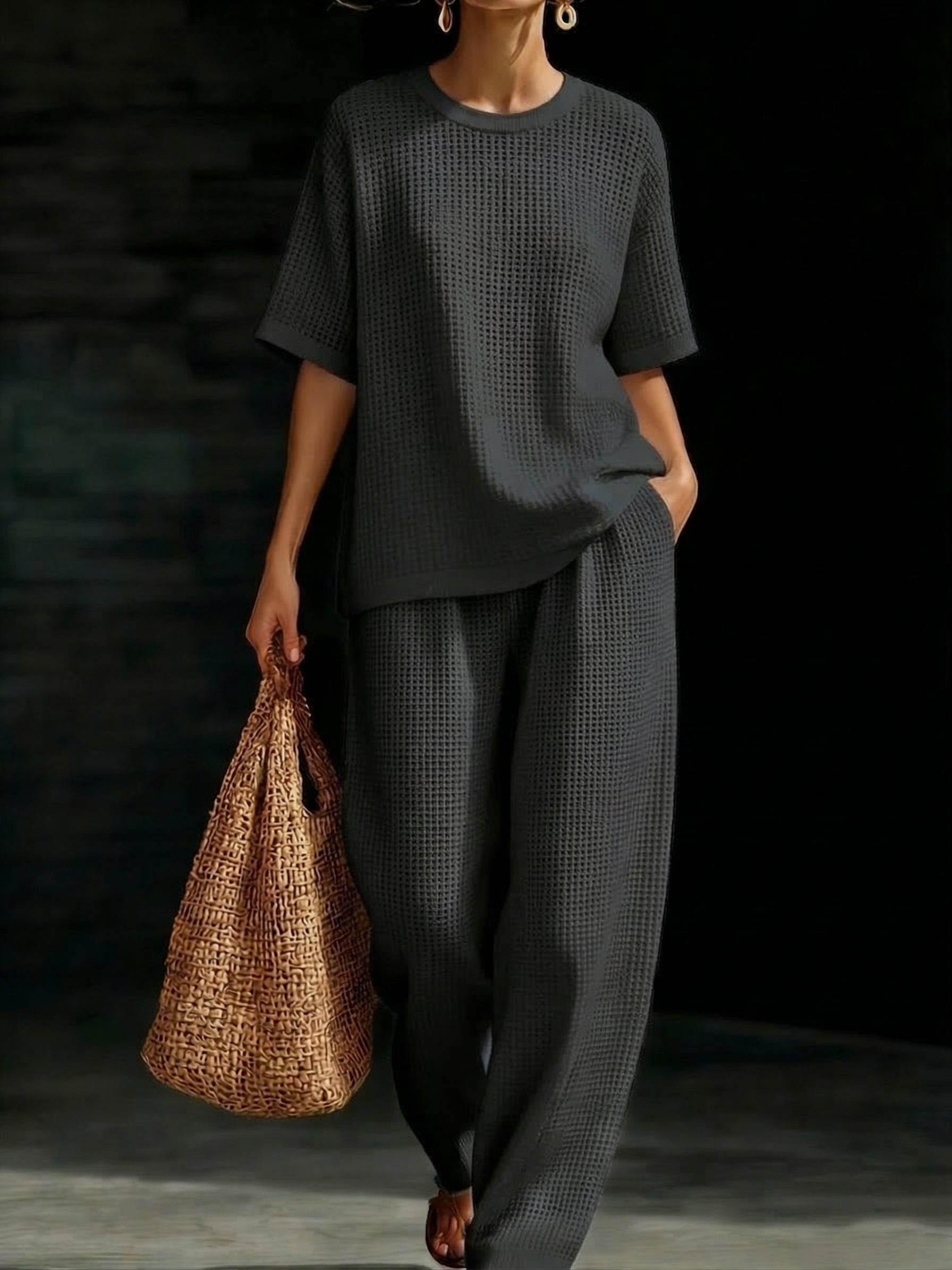 Plus Size Friendly Women’s Crewneck Waffle Two-Piece Set