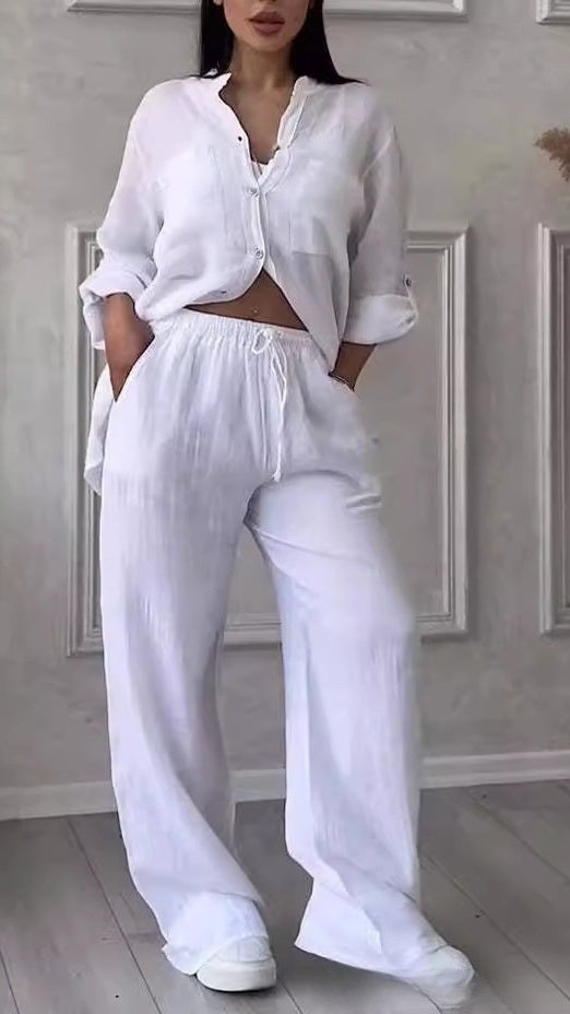 Women's Casual Cotton-Linen Solid-Color Shirt & Drawstring Wide-Leg Pants Two-Piece Set