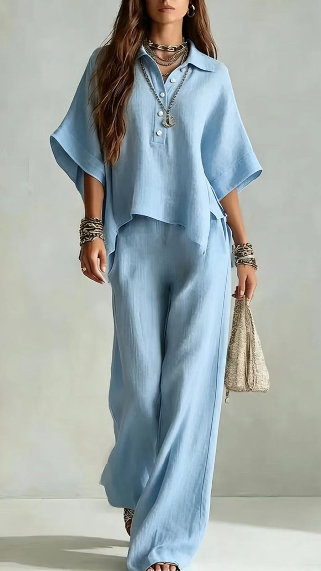 Women's Cotton-Blend Henley Neck Wide-Leg Pants Set