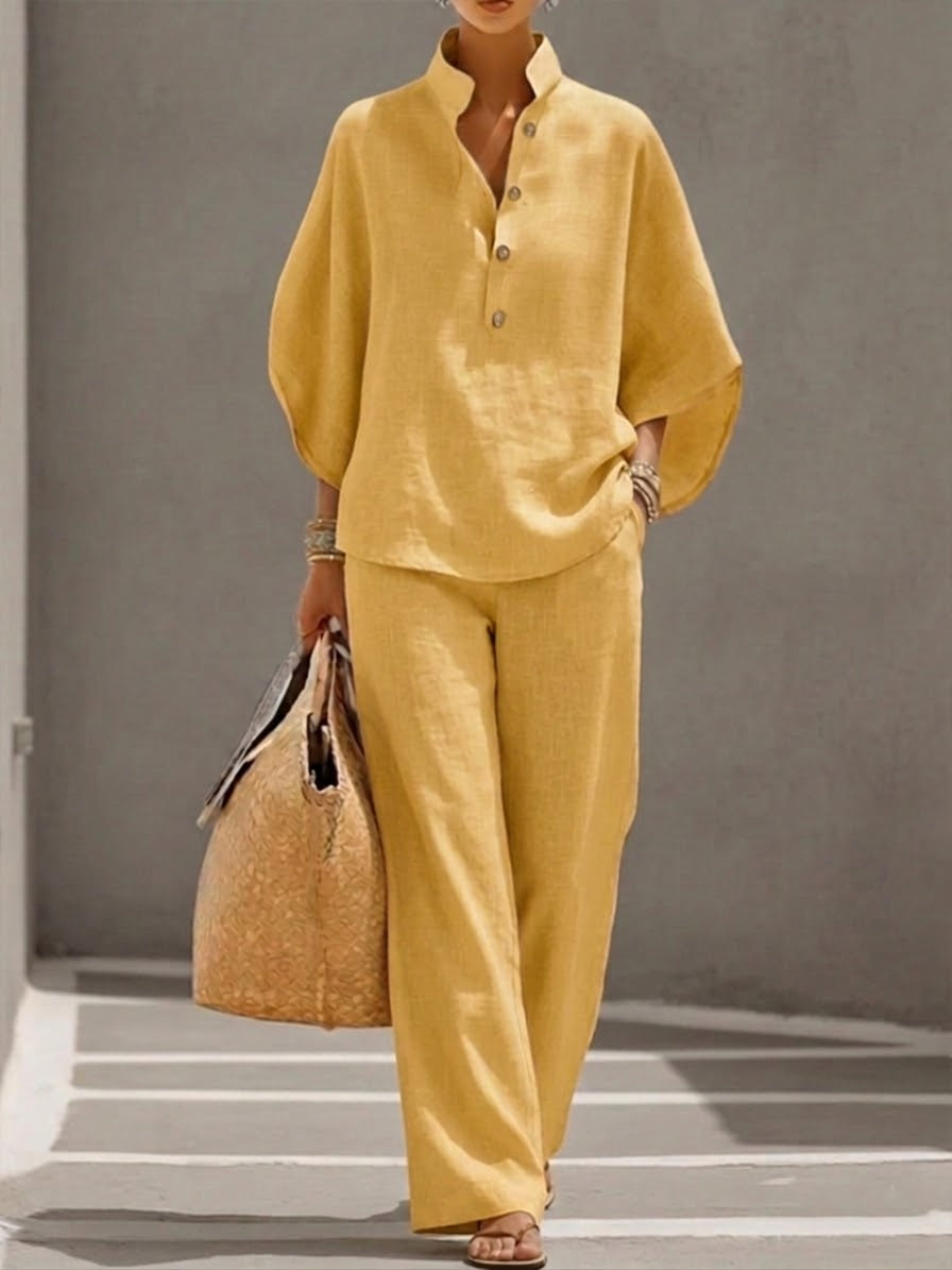 Plus Size Friendly Women’s Batwing Sleeve Linen Cotton Two-Piece Set – Casual Shirt & Wide Leg Pants Outfit