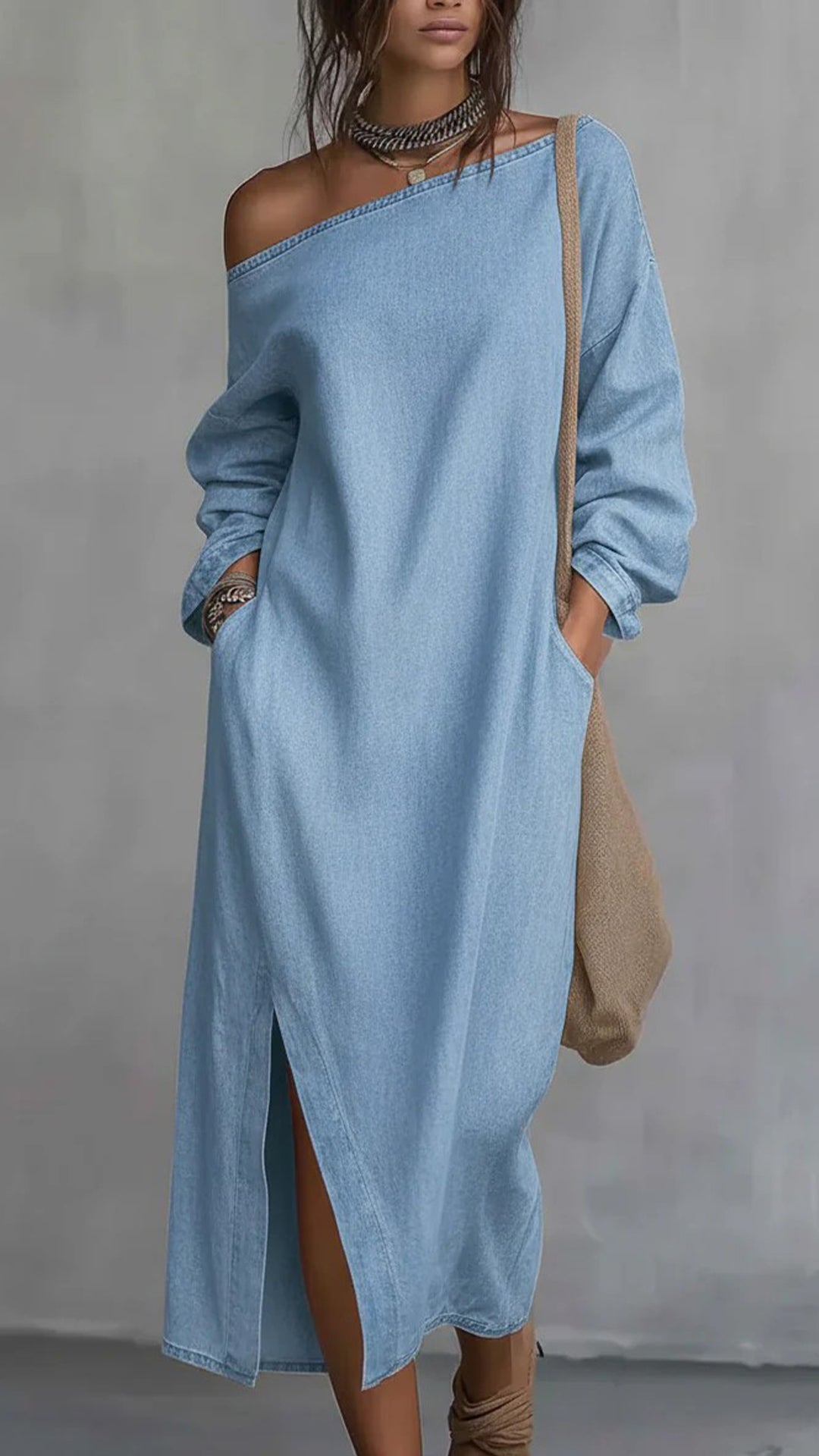 Women's Denim Off-the-Shoulder Long-Sleeve Dress